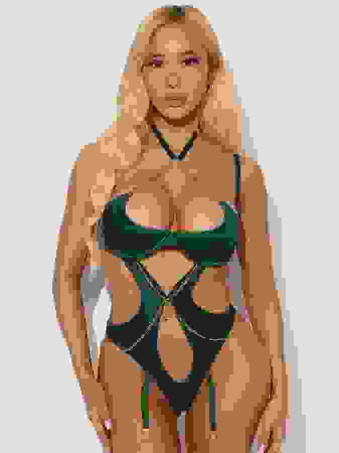 House of Desire Green Evangeline Satin & Chain Halter Body, Green, hi-res